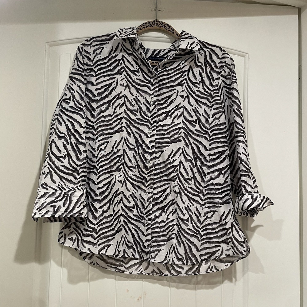 Westbound Petites Button Up Blouse Zebra Print Women's Size 14P Semi-Sheer Y2K